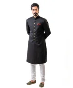 Black Achkan with Mandarin Collar - Image 2