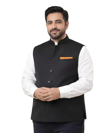 Black Nehru Jacket (Bundi) for Men Belly Comfort Fit