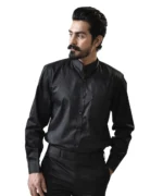 Black Cotton Shirt with Mandarin Collar - Image 4