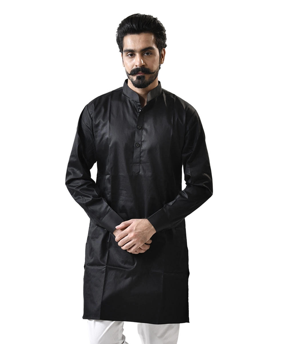 Black-Cotton-Kurta-with-Spread-Collar Black Cotton Shirt with Mandarin Collar - Image 1