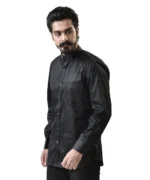 Black Cotton Shirt with Mandarin Collar - Image 3