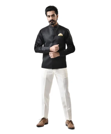 Black Nehru Jacket with Black Shirt and White Pant – Combo Set