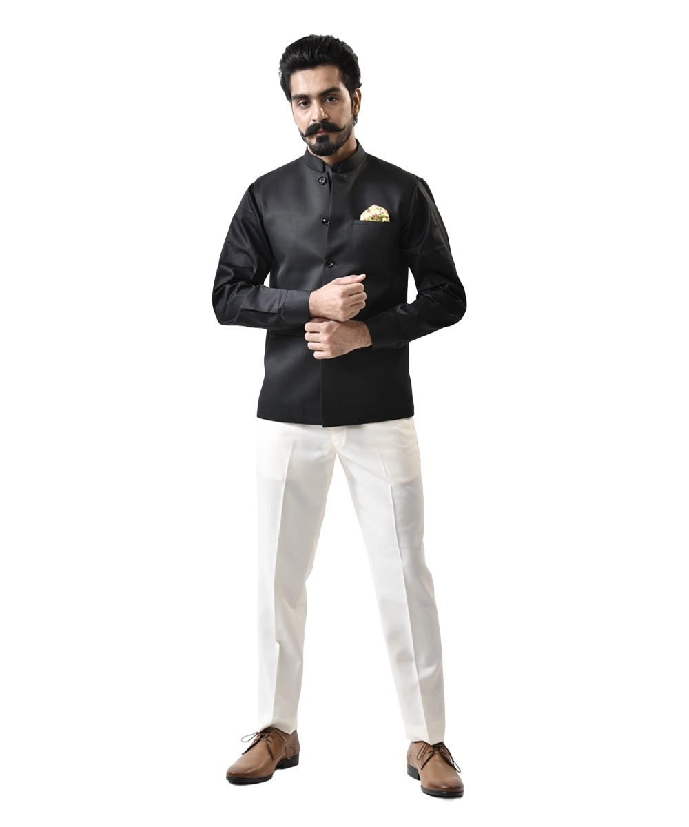 Black-Nehru-Jacket-with-Black-Shirt-and-White-Pant-Combo-Set Black Nehru Jacket with Black Shirt and White Pant – Combo Set - Image 1