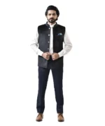 Black Velvet Bundi with White Shirt and Navy Blue Pant – Combo Set - Image 3