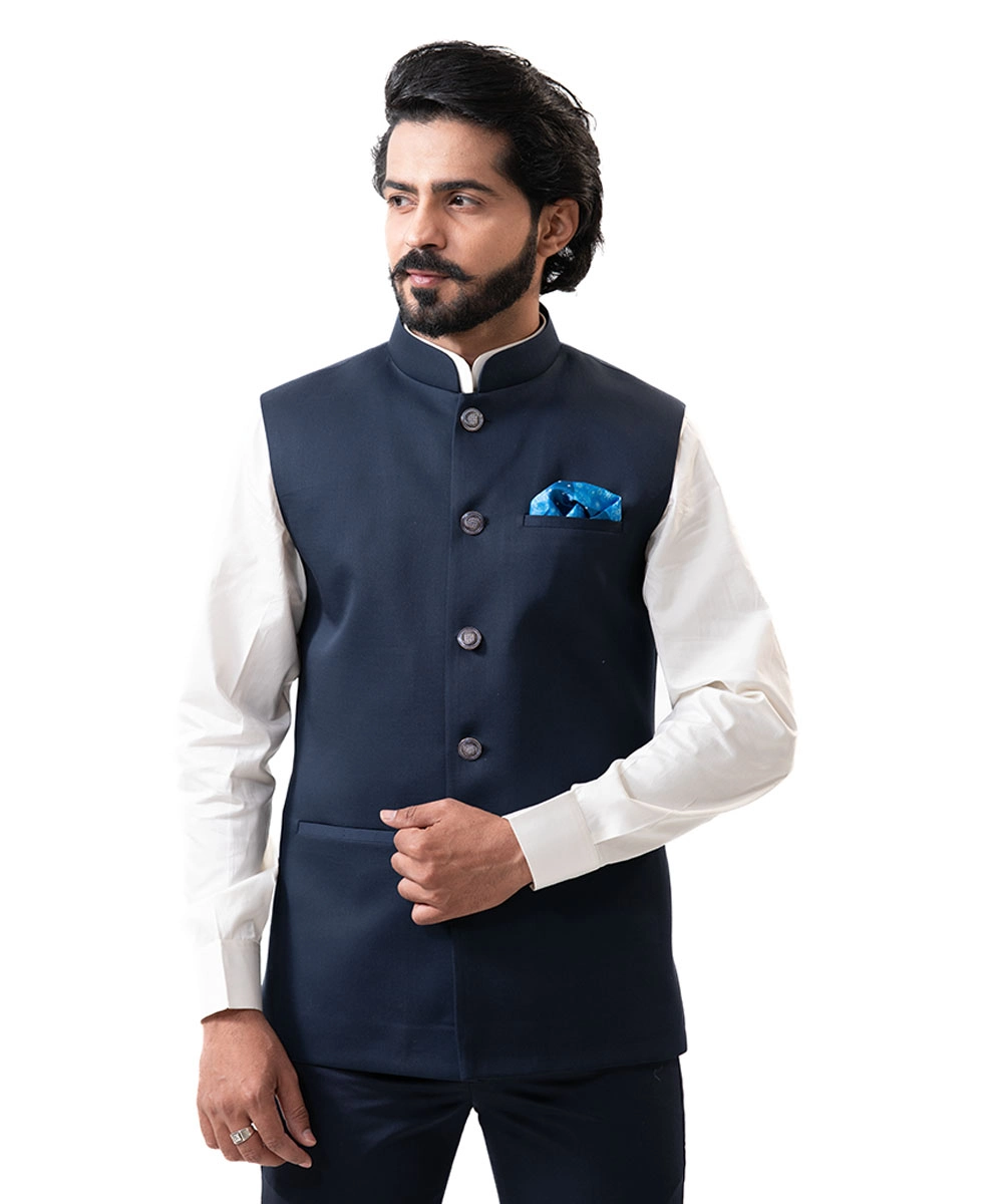 Blue-Bundi-for-Men-Nehru-Jacket-Ethnic-Wear Navy Blue Bundi (Nehru Jacket) - Image 1