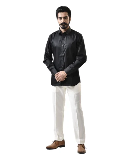 Black Spread Collar Shirt with White Pant – Combo Set