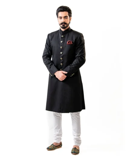 Black Achkan and White Churidar Pajama – Combo Set