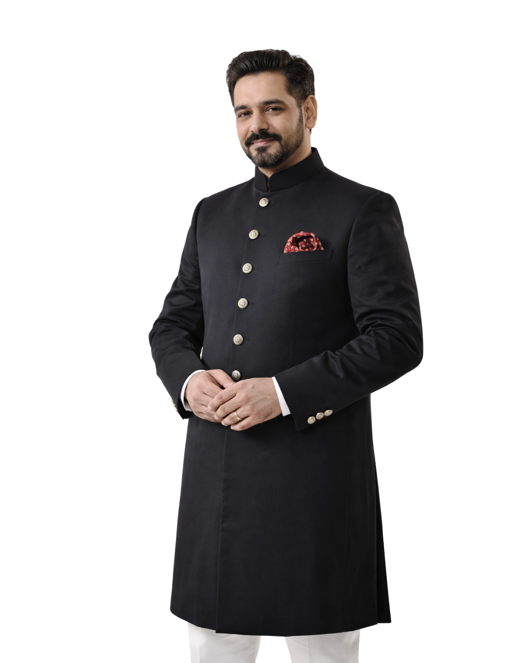 Men Black Achkan With Belly Comfort Fit Black Achkan for Men Belly Comfort Fit - Image 1
