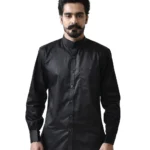 Black Cotton Shirt with Mandarin Collar