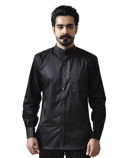 Black Cotton Shirt with Mandarin Collar
