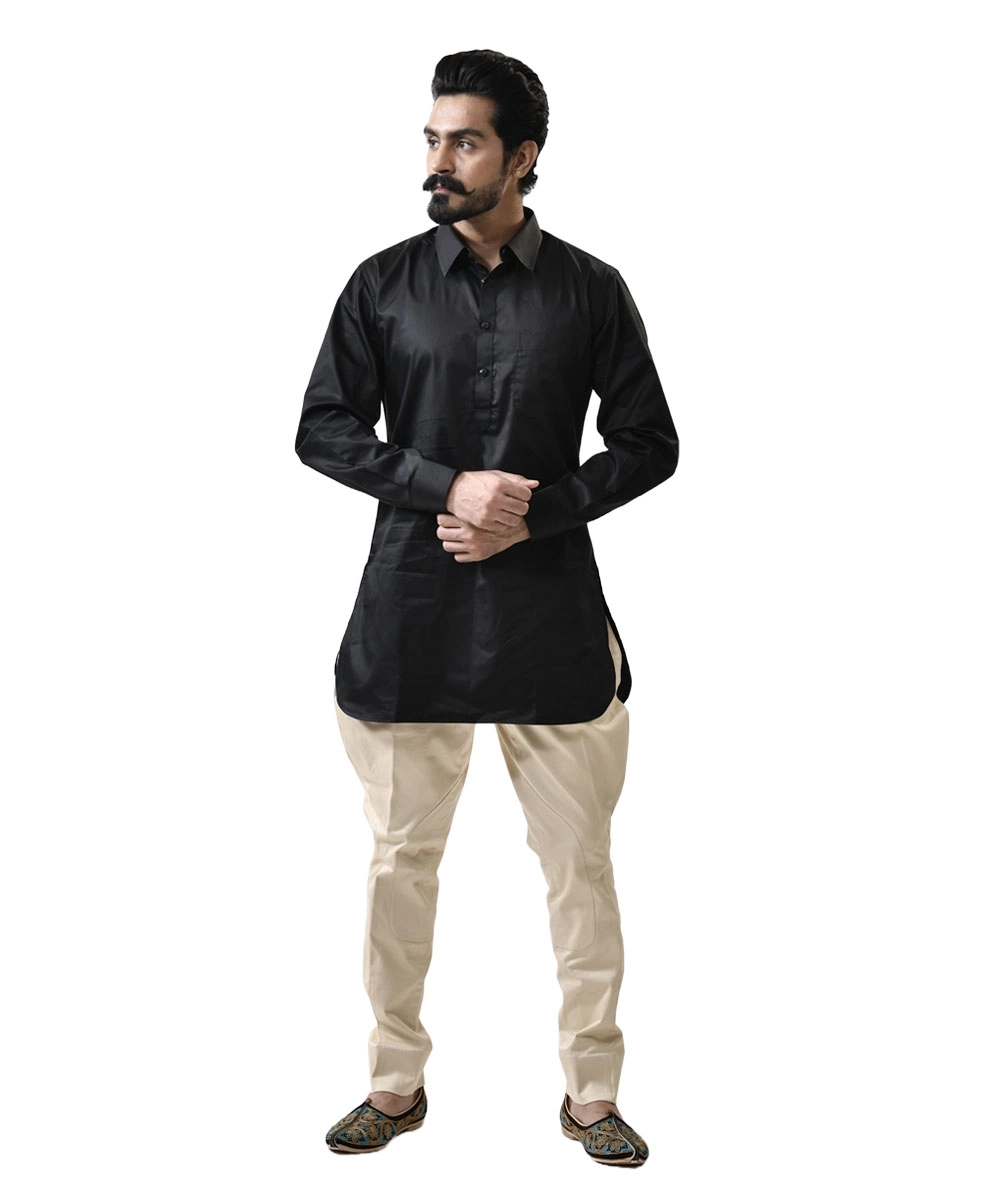 Men-Black-Kurta-with-Cream-Breeches Black Kameez with Cream Breeches – Combo Set - Image 1