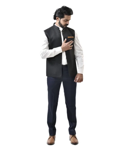 Black Nehru Jacket with White Shirt and Navy Blue Pant – Bundi Combo Set