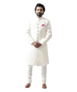 Cream Achkan with Mandarin Collar - Image 3