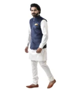 Navy Blue Velvet Bundi with White Kurta and White Pajama – Combo Set - Image 3