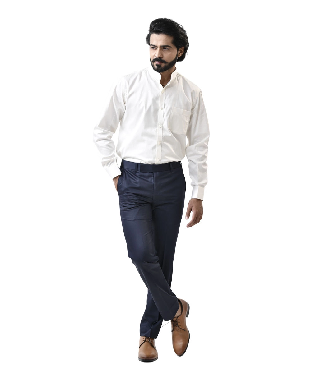 Men-White-Shirt-and-Navy-Pant-Online-Shop White Mandarin Collar Shirt with Navy Blue Pant – Combo Set - Image 1