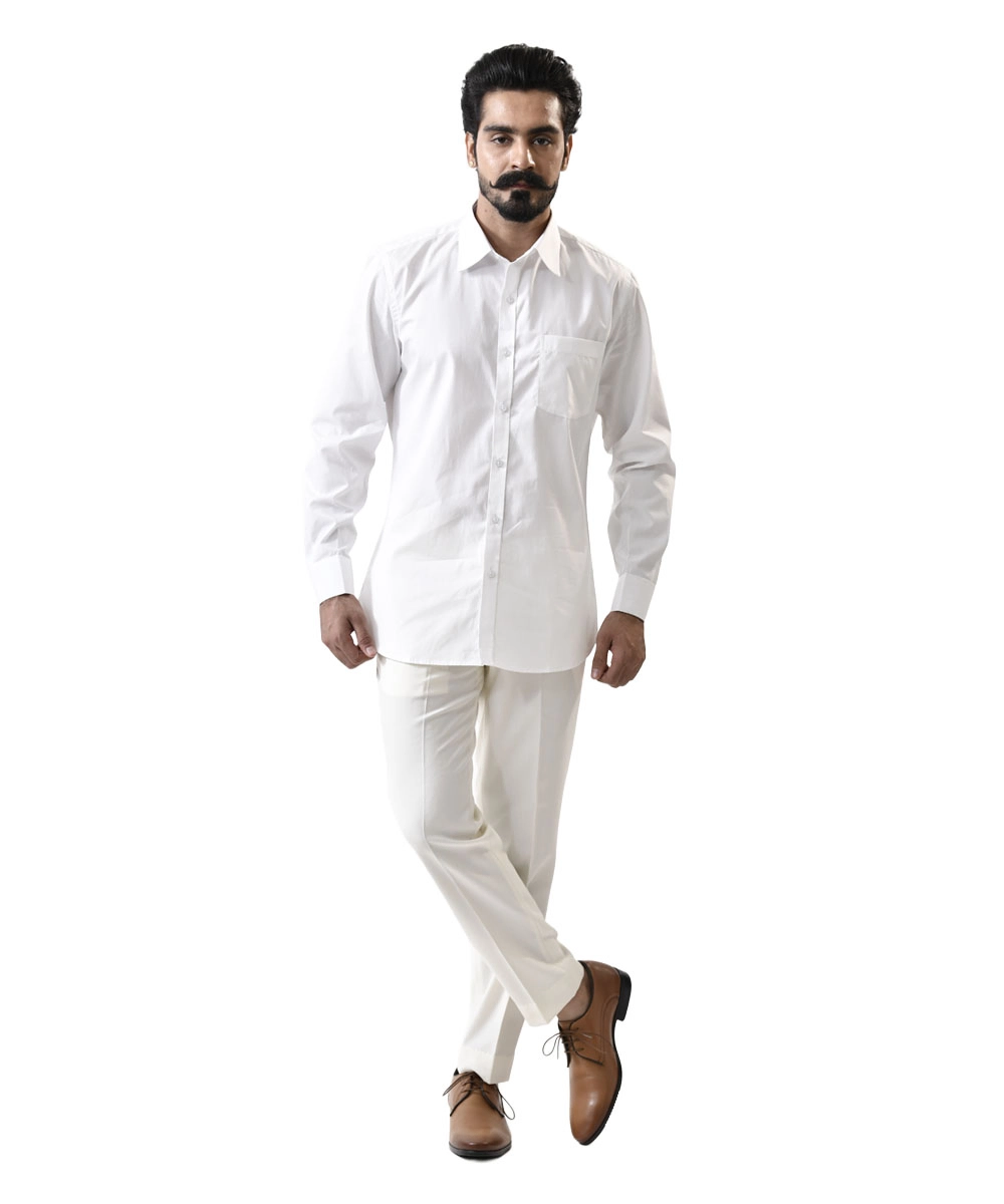 Men-White-Shirt-and-Pant-Combo White Spread Collar Shirt with White Pant – Combo Set - Image 1