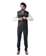 Black Nehru Jacket with White Shirt and Navy Blue Pant – Bundi Combo Set - Image 2