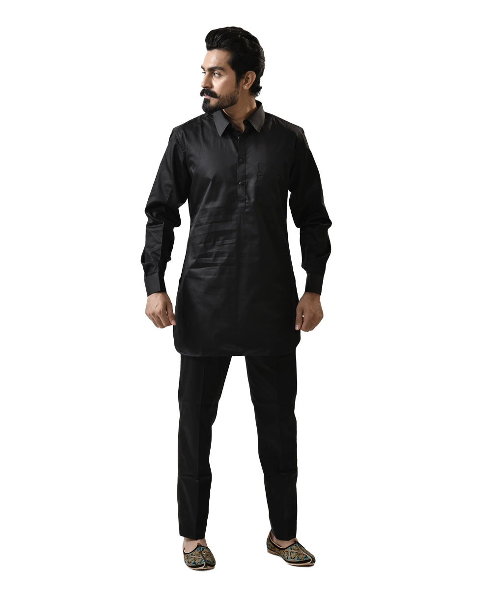 Mens-Black-Kameez-with-Black-Pant-in-Best-Price Black Kameez with Black Pant – Combo Set - Image 1