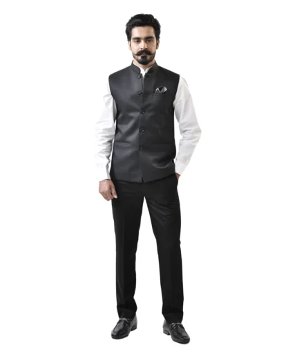 Black Nehru Jacket with White Shirt and Black Pant – Bundi Combo Set