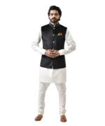 Black Velvet Bundi with White Kurta and White Pajama – Combo Set - Image 3