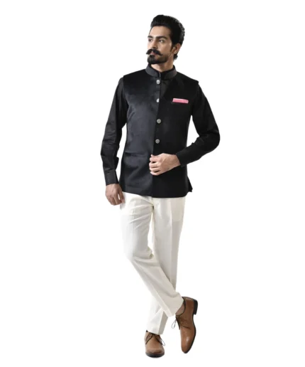 Black Velvet Bundi with Black Shirt and White Pant – Combo Set
