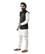 Black Velvet Bundi with White Kurta and White Pajama – Combo Set - Image 2