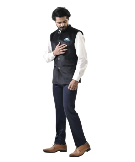 Black Velvet Bundi with White Shirt and Navy Blue Pant – Combo Set