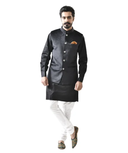 Black Velvet Bundi with Black Kurta and White Pajama – Combo Set