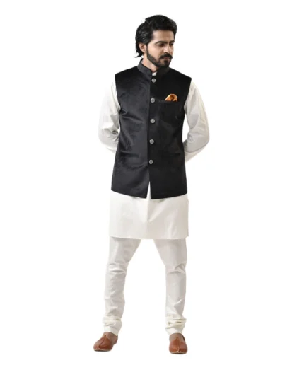 Black Velvet Bundi with White Kurta and White Pajama – Combo Set
