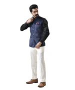 Navy Blue Velvet Bundi with Black Shirt and White Pant – Combo Set - Image 3