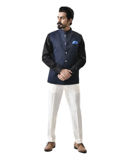Navy Blue Bundi with Black Shirt and White Pant – Combo Set