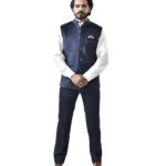 Navy Blue Velvet Bundi with White Shirt and Navy Blue Pant – Combo Set
