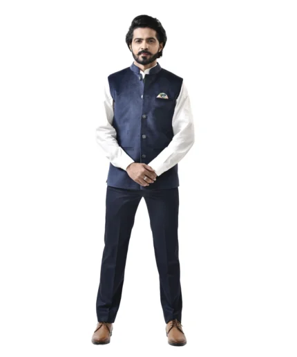 Navy Blue Velvet Bundi with White Shirt and Navy Blue Pant – Combo Set