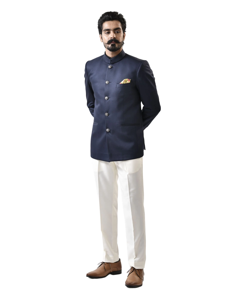 Navy-Blue-Bandhgala-with-White-Pant-Combo-Set Navy Blue Bandhgala with White Pant – Combo Set - Image 1