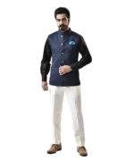 Navy Blue Bundi with Black Shirt and White Pant – Combo Set - Image 2
