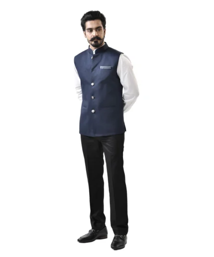 Navy Blue Bundi with White Shirt and Black Pant – Combo Set