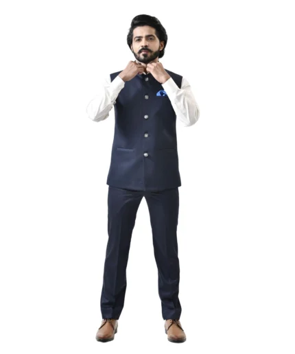 Navy Blue Bundi with White Shirt and Navy Blue Pant – Combo Set