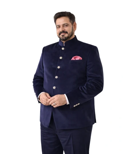 Navy Blue Velvet Bandhgala for Men Belly Comfort Fit