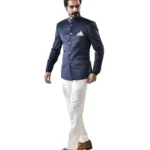 Navy Blue Velvet Bandhgala with White Pant – Combo Set