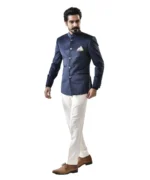 Navy Blue Velvet Bandhgala with White Pant – Combo Set