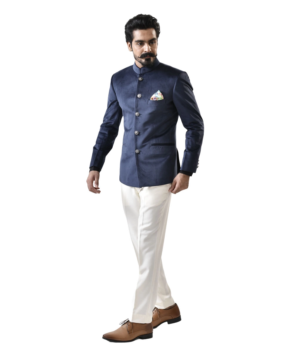 Navy-Blue-Velvet-Bandhgala-with-White-Pant-for-Men-Online-Shop Navy Blue Velvet Bandhgala with White Pant – Combo Set - Image 1