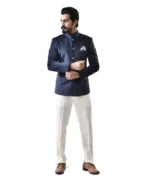 Navy Blue Velvet Bandhgala with White Pant – Combo Set - Image 3