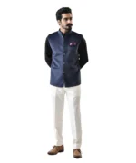 Navy Blue Velvet Bundi with Black Shirt and White Pant – Combo Set - Image 2