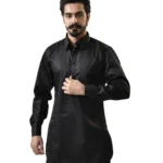 Black Cotton Kurta with Spread Collar