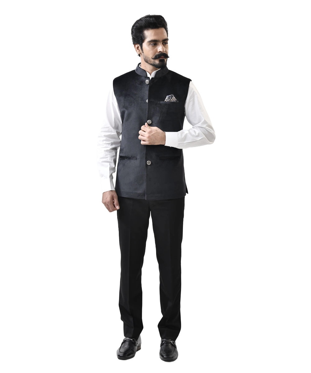 Shop-Black-Velvet-Bundi-with-White-Shirt-and-Black-Pant Black Velvet Bundi with White Shirt and Black Pant – Combo Set - Image 1