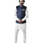 Navy Blue Velvet Bundi with White Kurta and White Pajama – Combo Set