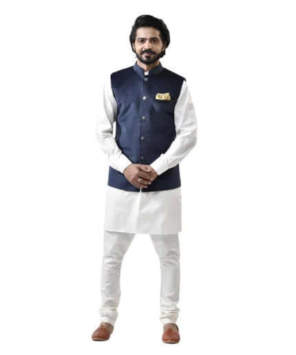 Navy Blue Velvet Bundi with White Kurta and White Pajama – Combo Set