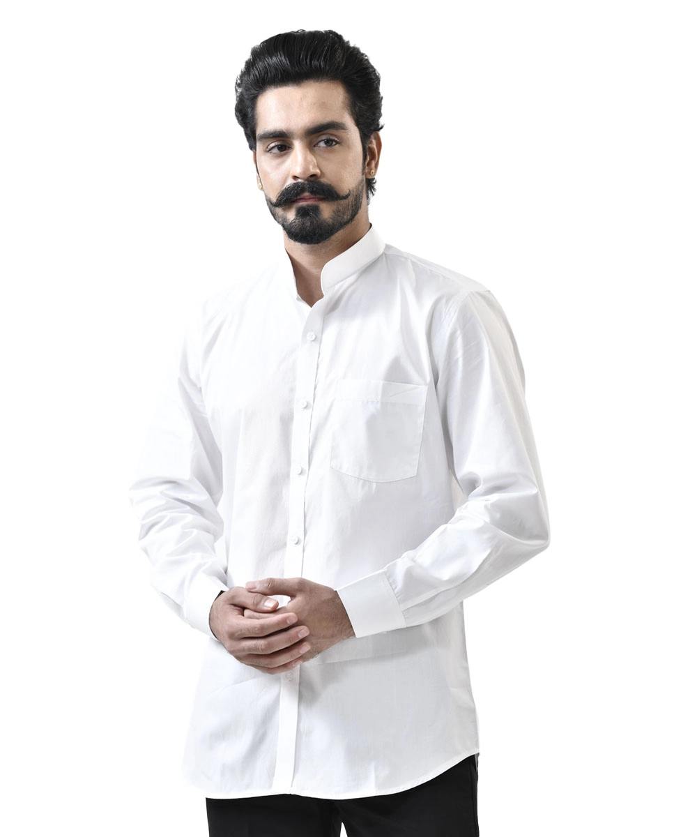 Shop-Classic-White-Shirt-for-Men-Online White Cotton Shirt with Mandarin Collar - Image 1