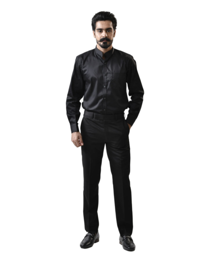 Black Mandarin Collar Shirt with Black Pant – Combo Set