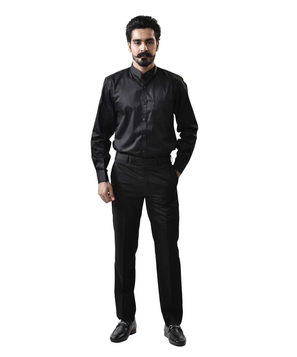 Shop-Men-Black-Shirt-and-Black-Pant-Online Black Mandarin Collar Shirt with Black Pant – Combo Set - Image 1